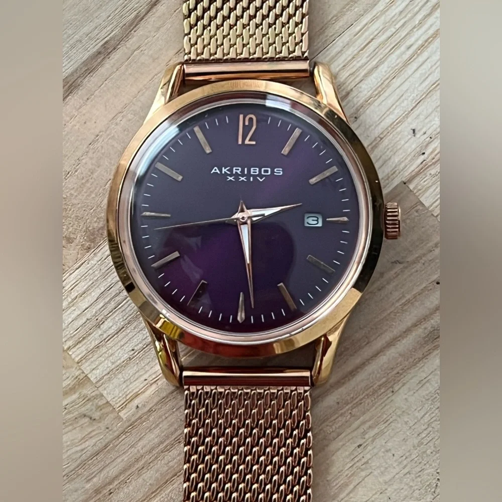 AKRIBOS XXIV Ladies Watch Rose Gold Mesh Bracelet Purple Dial Date Window